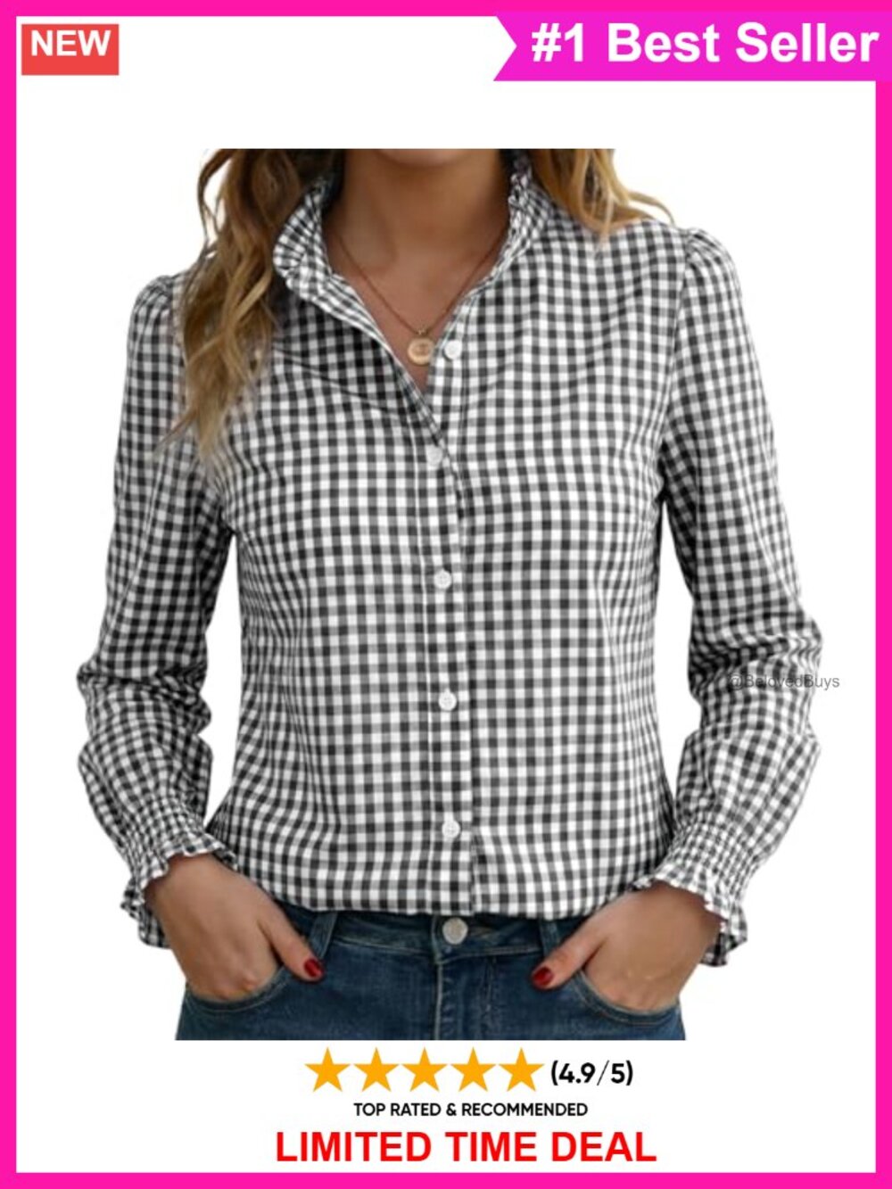 Women's Plaid Button Down Shirt Long Sleeve Smocked Ruffle Collar Blouse